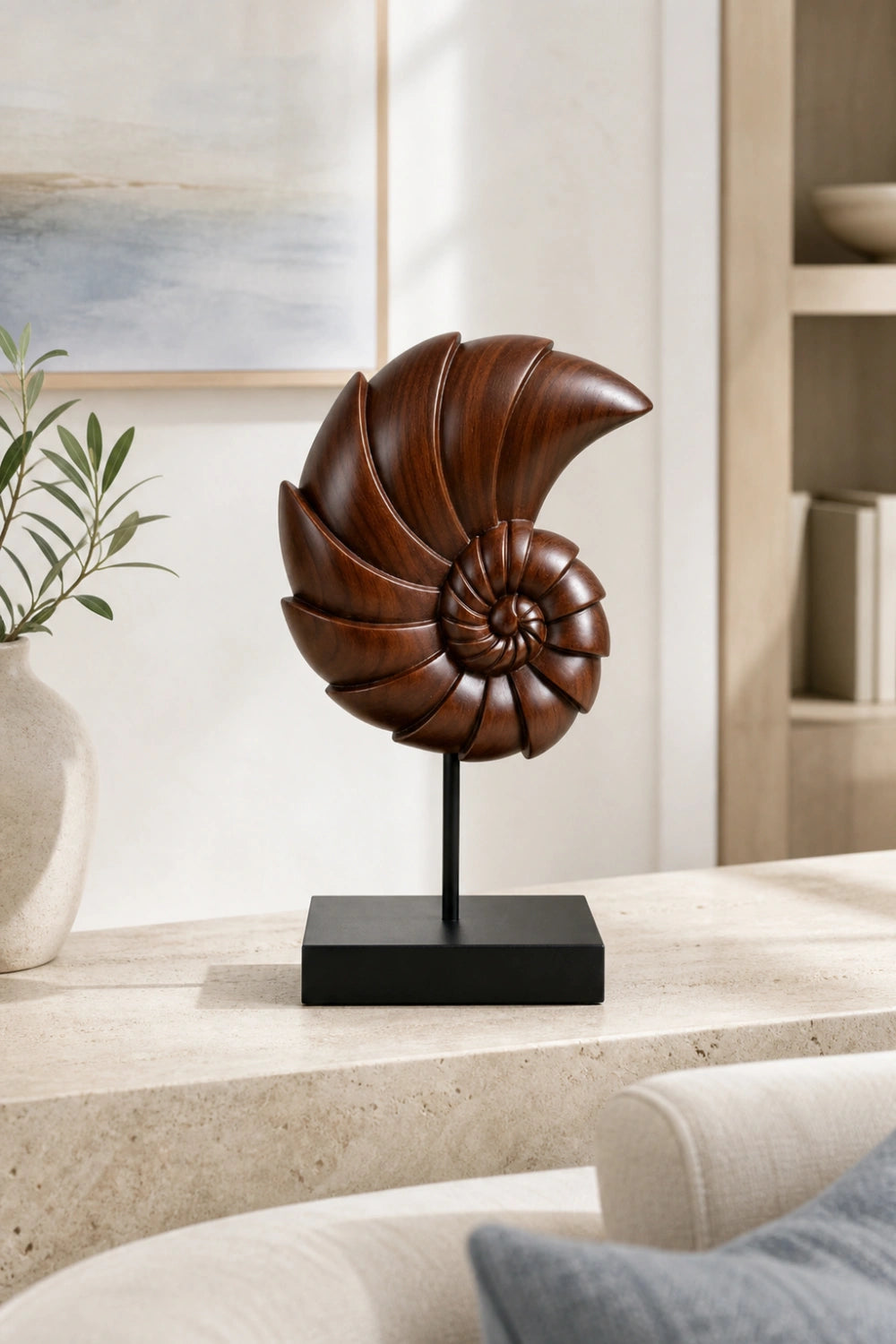 Carved Wood Nautilus Shell Sculpture | Fibonacci Ocean Art Decor