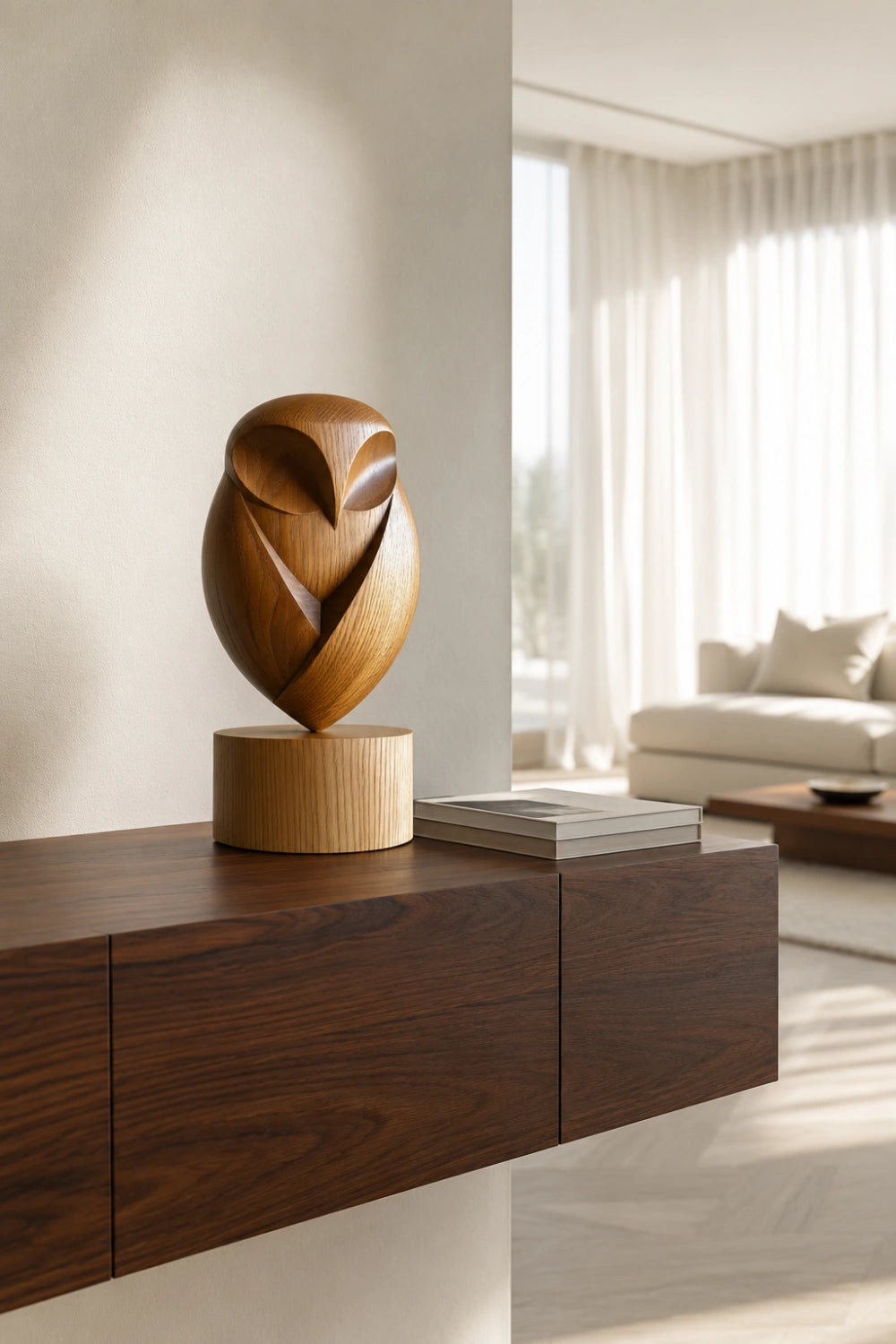 Modernist Wood Owl Sculpture | Pedestal Animal Statue | Organic Mantle Decor