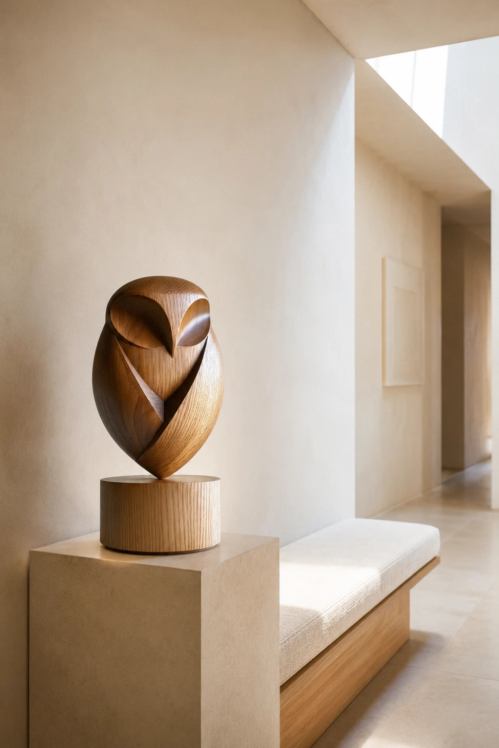 Modernist Wood Owl Sculpture | Pedestal Animal Statue | Organic Mantle Decor