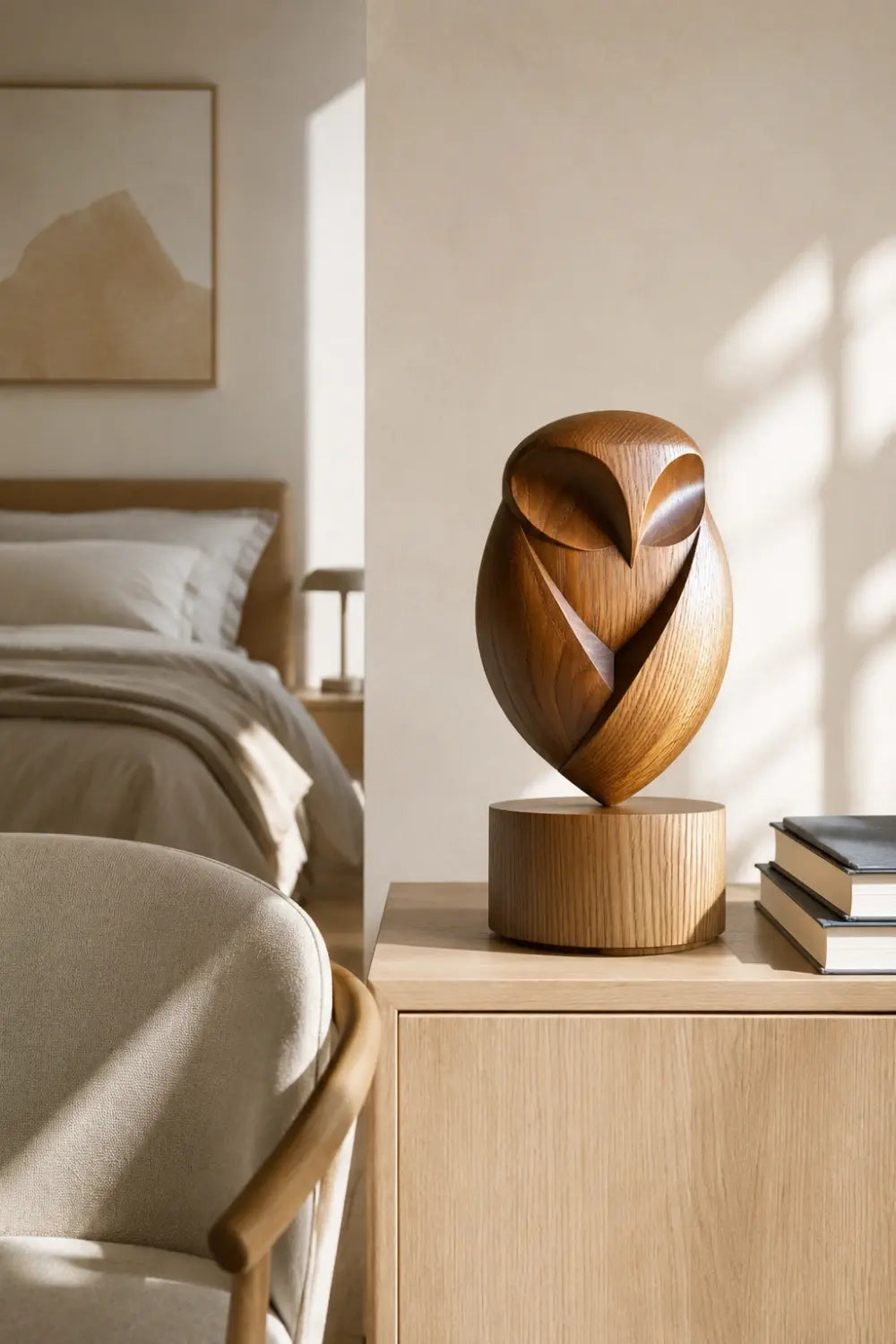 Modernist Wood Owl Sculpture | Pedestal Animal Statue | Organic Mantle Decor