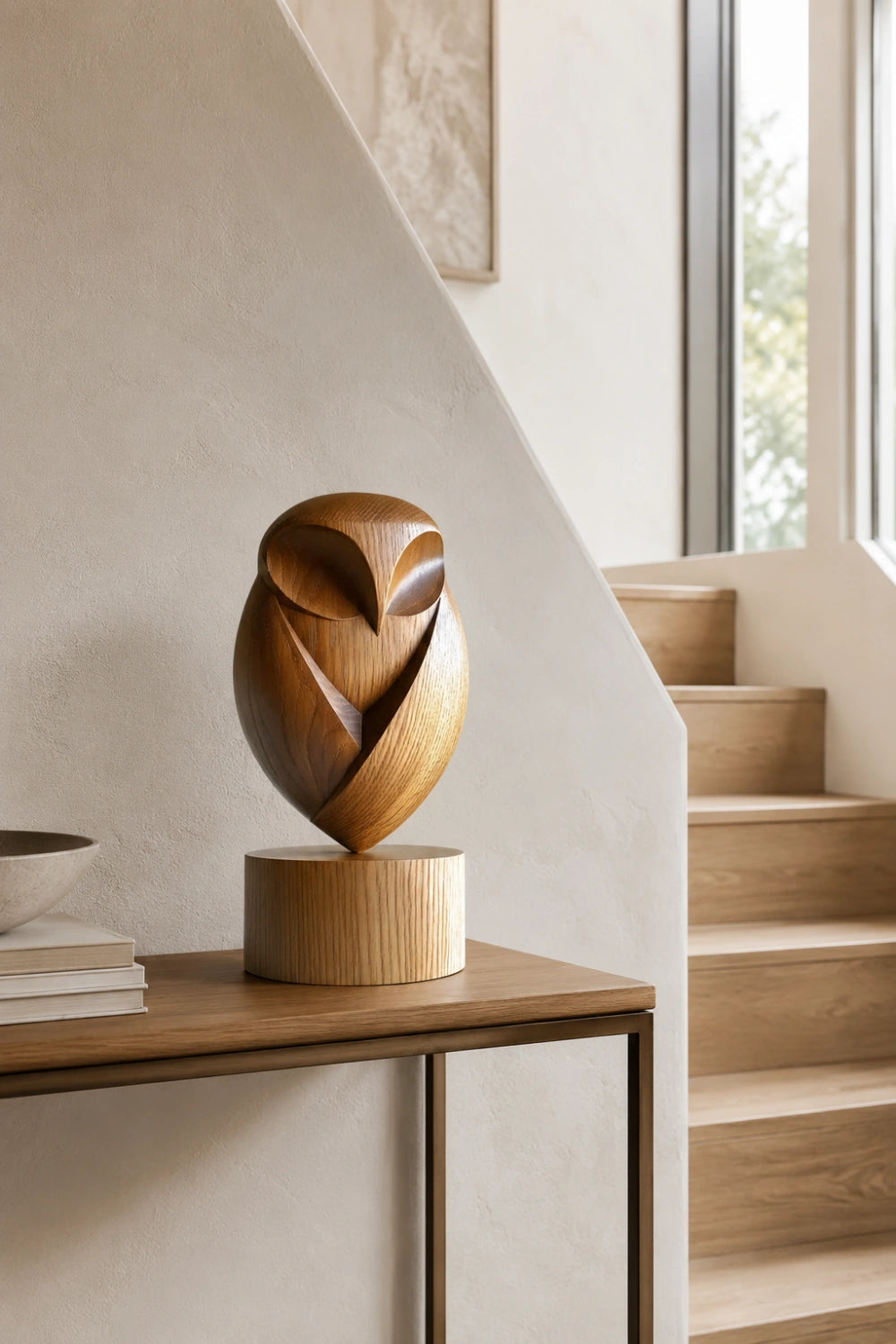 Modernist Wood Owl Sculpture | Pedestal Animal Statue | Organic Mantle Decor