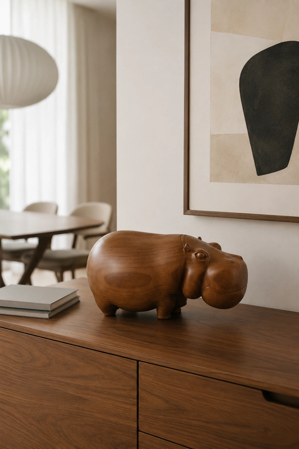 Carved Wood Hippo Figurine | Teak Animal Sculpture | Mid-Century Home Decor