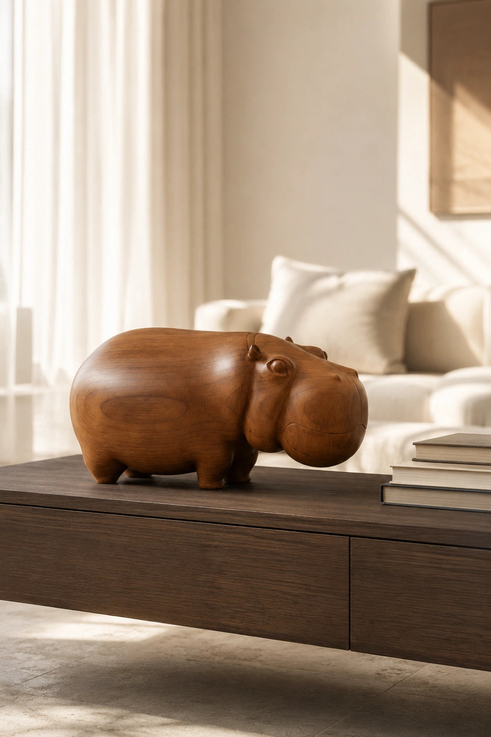 Carved Wood Hippo Figurine | Teak Animal Sculpture | Mid-Century Home Decor