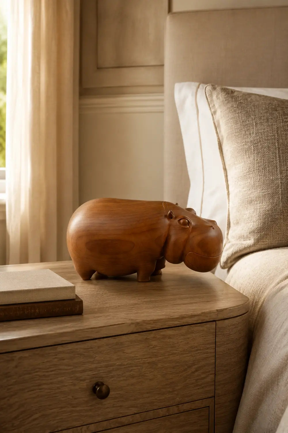 Carved Wood Hippo Figurine | Teak Animal Sculpture | Mid-Century Home Decor