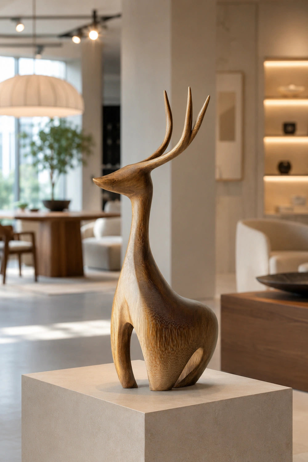 Carved Wood Deer Statue | Nordic Stag Figurine | Elegant Forest Decor