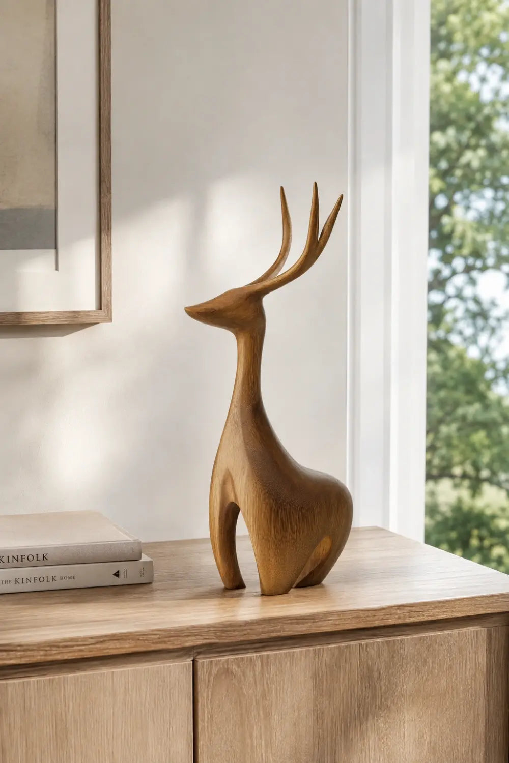 Carved Wood Deer Statue | Nordic Stag Figurine | Elegant Forest Decor