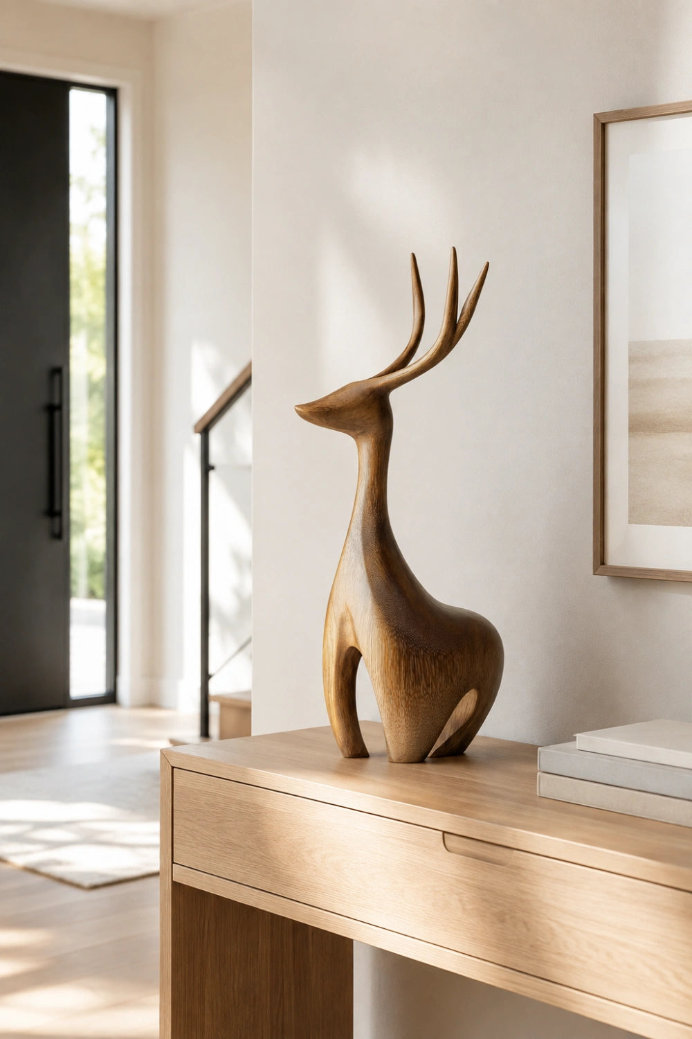 Carved Wood Deer Statue | Nordic Stag Figurine | Elegant Forest Decor