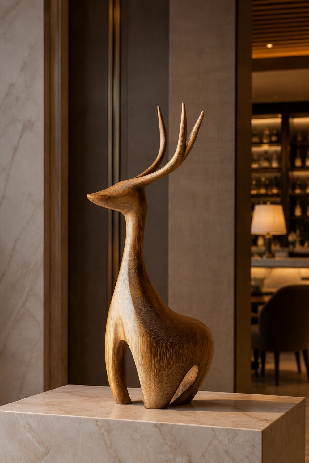 Carved Wood Deer Statue | Nordic Stag Figurine | Elegant Forest Decor