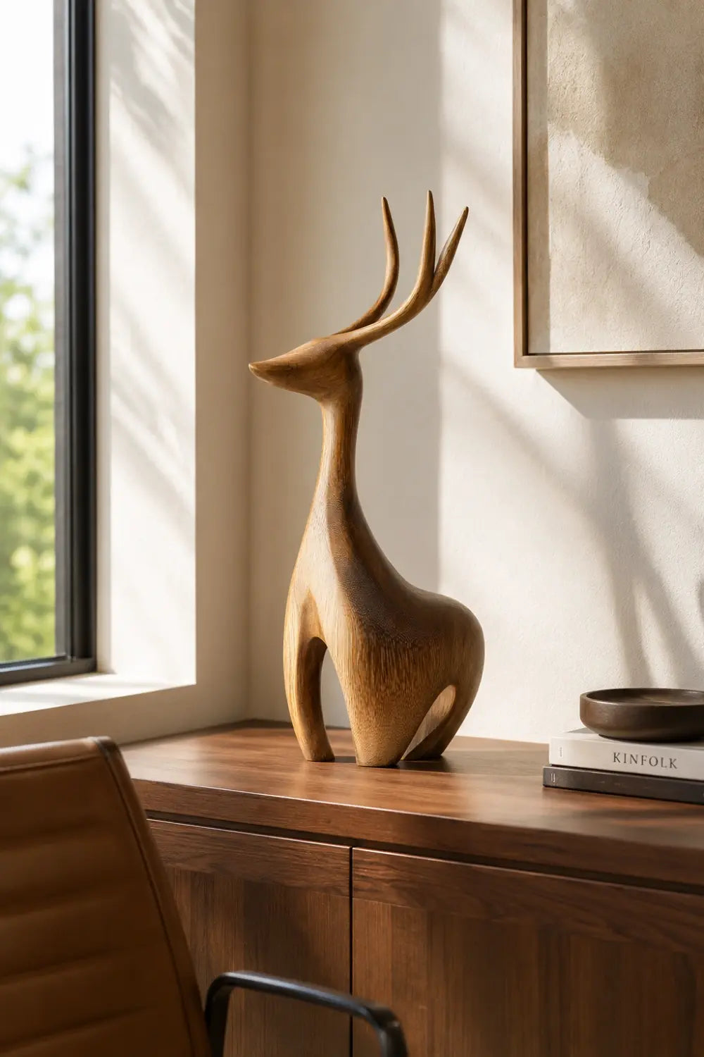Carved Wood Deer Statue | Nordic Stag Figurine | Elegant Forest Decor