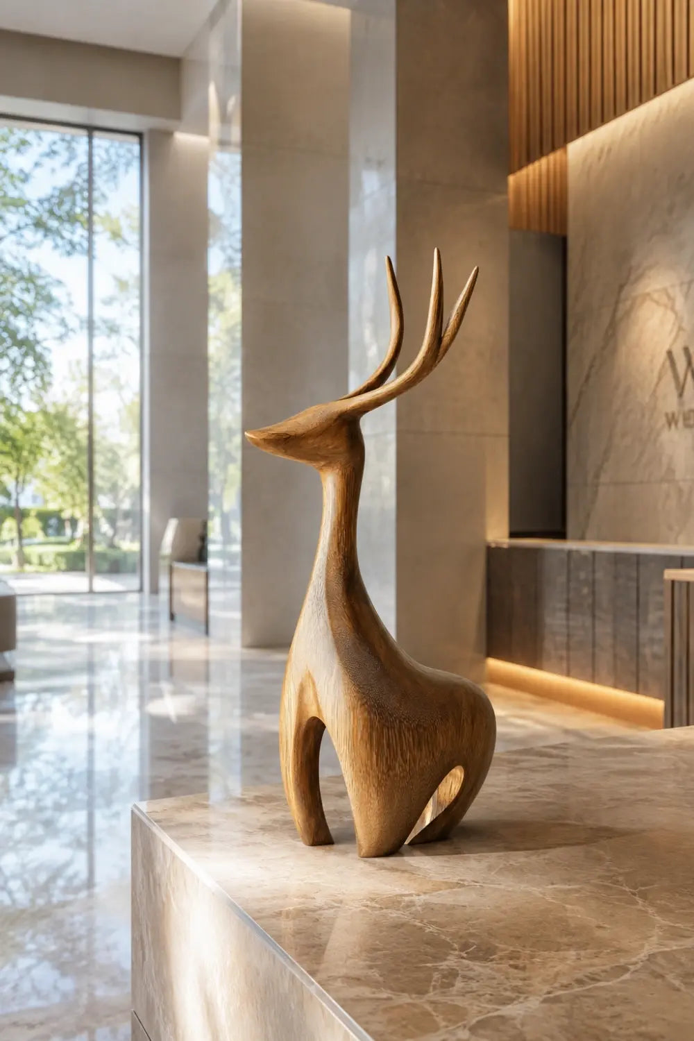 Carved Wood Deer Statue | Nordic Stag Figurine | Elegant Forest Decor