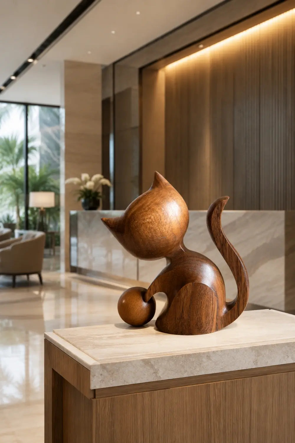 Carved Wooden Cat Figurine With Ball | Playful Decor Gift