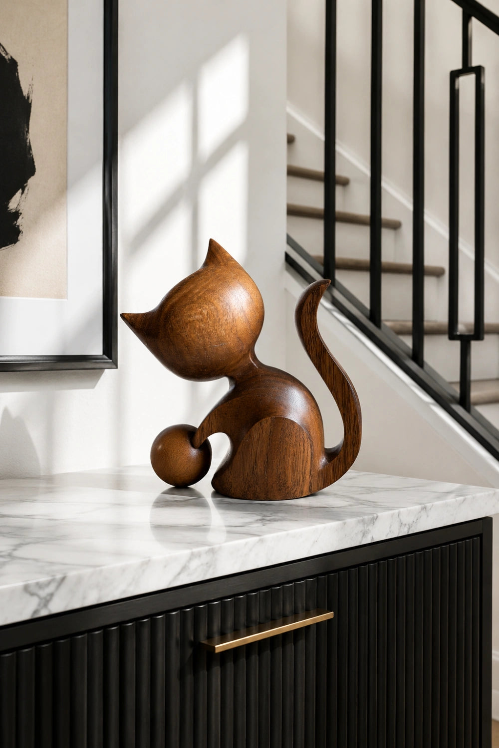 Carved Wooden Cat Figurine With Ball | Playful Decor Gift