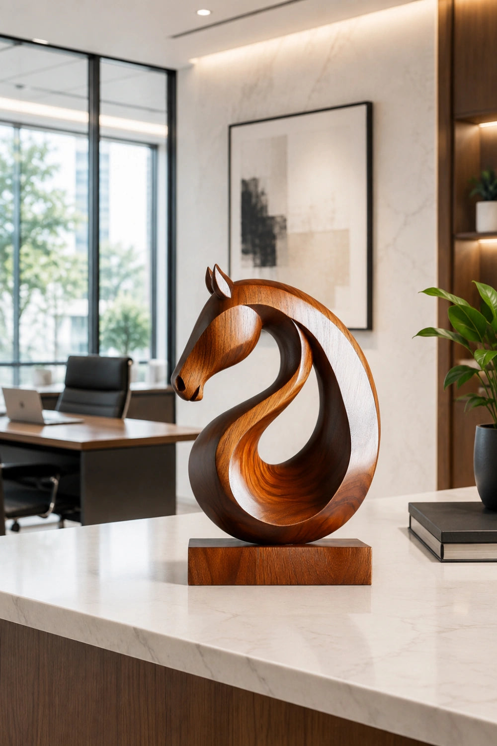 Carved Wood Horse Statue | Circular Loop Equestrian Decor Gift