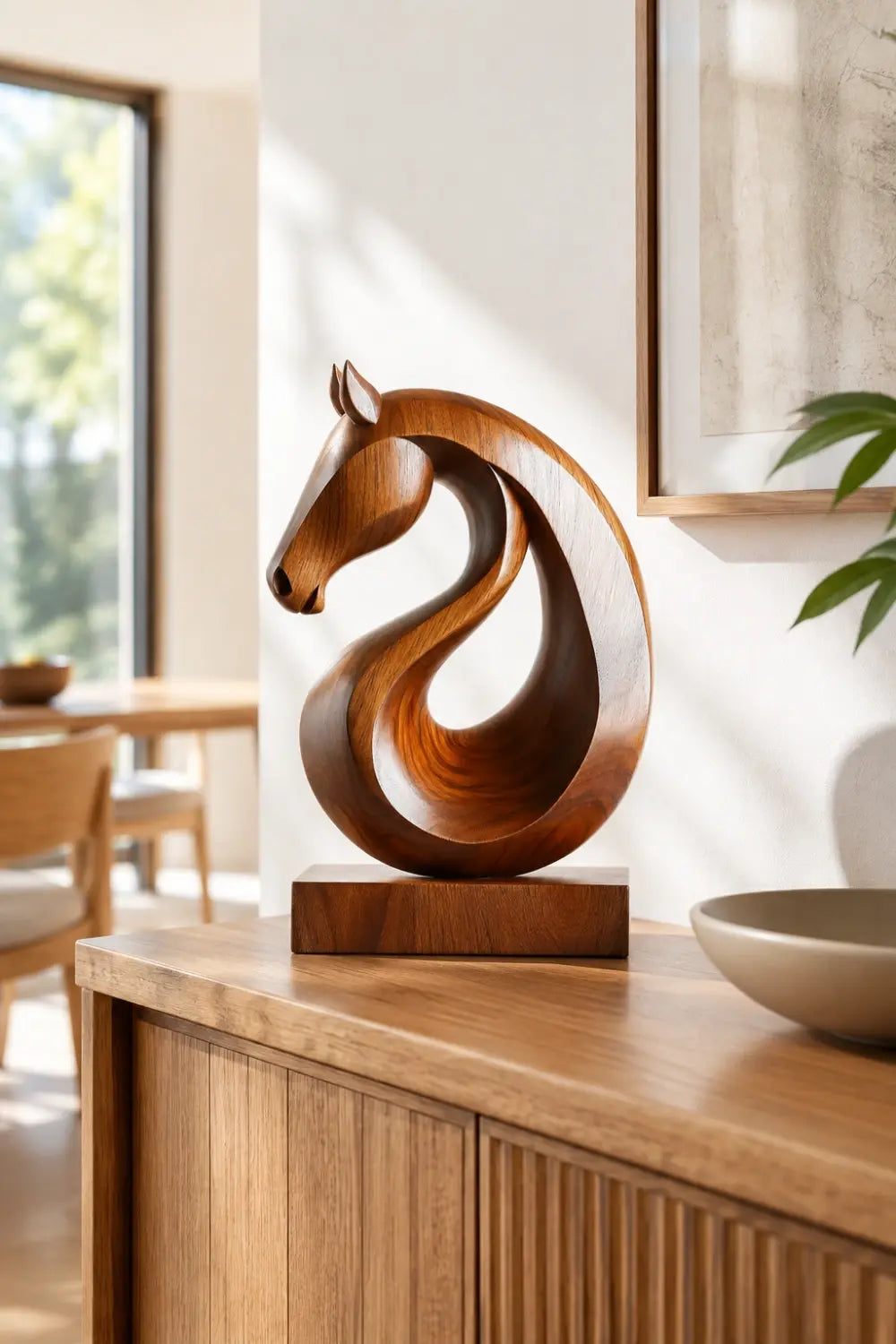 Carved Wood Horse Statue | Circular Loop Equestrian Decor Gift