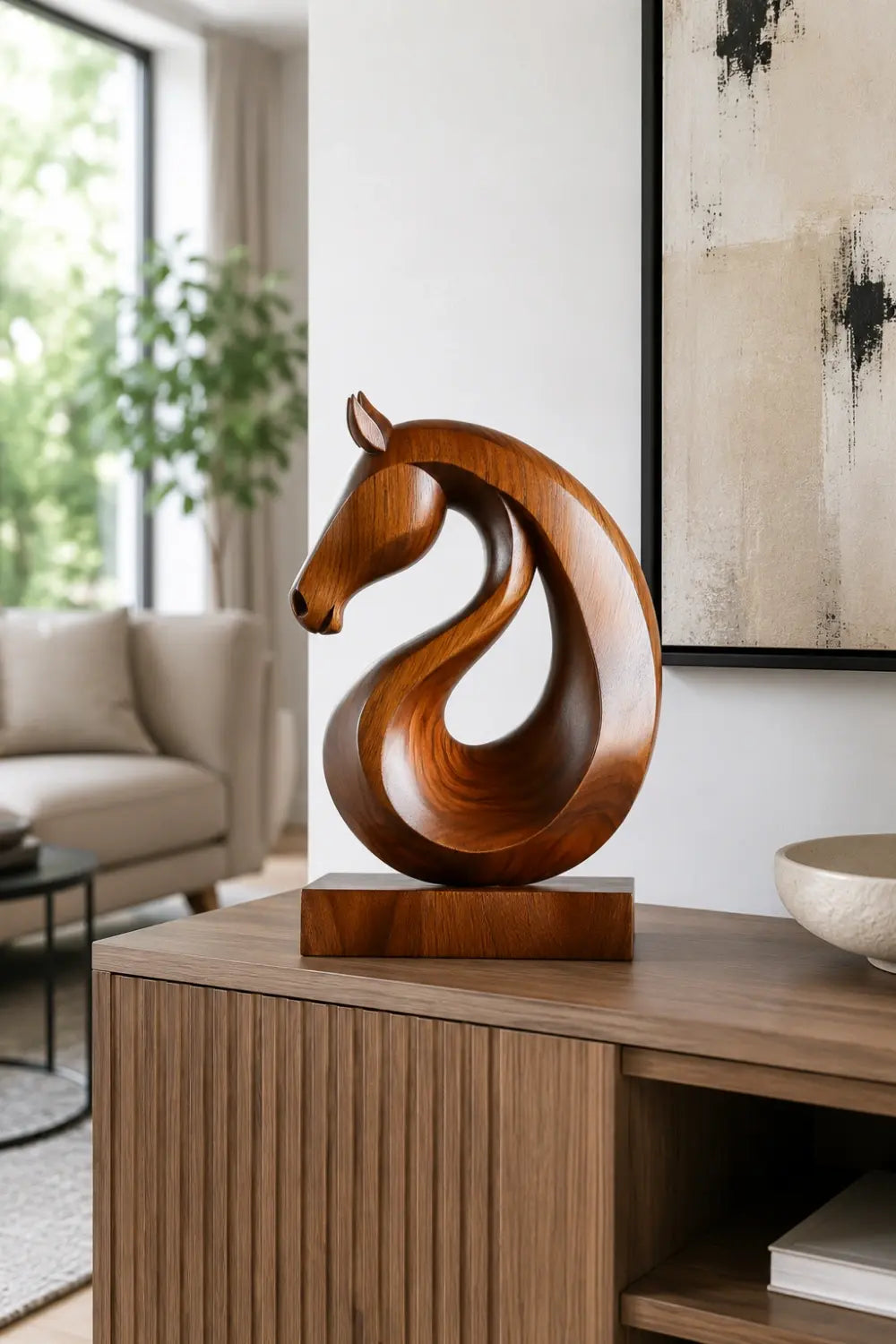 Carved Wood Horse Statue | Circular Loop Equestrian Decor Gift