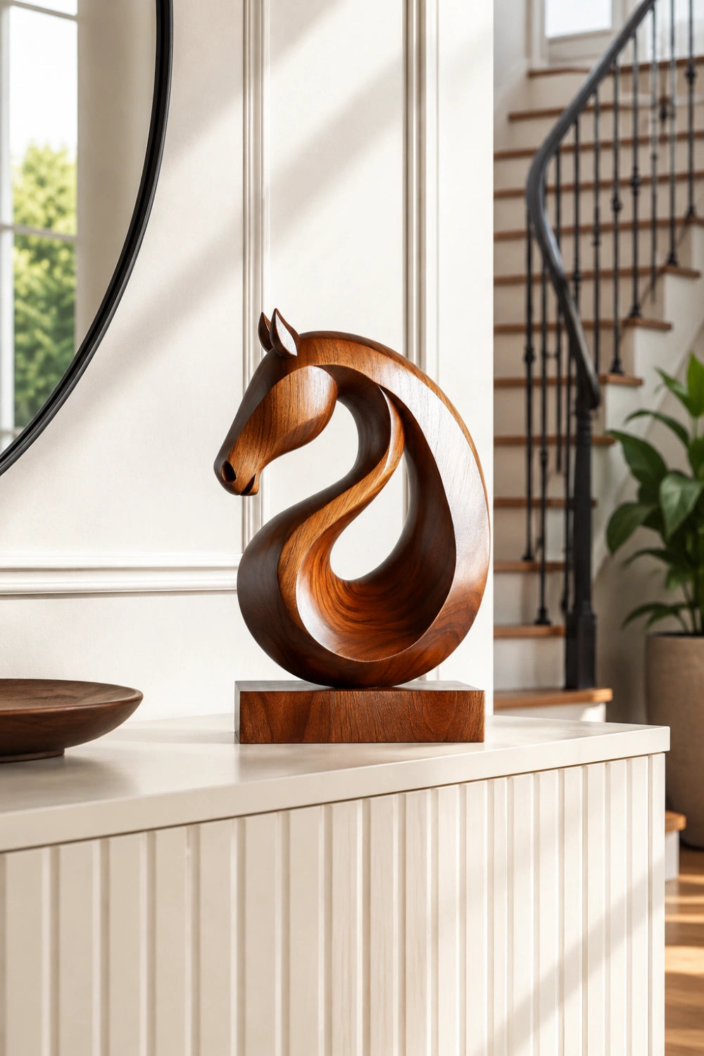 Carved Wood Horse Statue | Circular Loop Equestrian Decor Gift