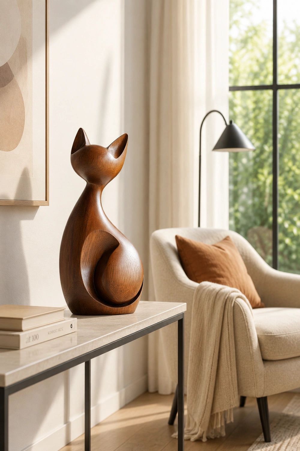 Minimalist Wooden Cat Sculpture | Modern Abstract Feline Figurine