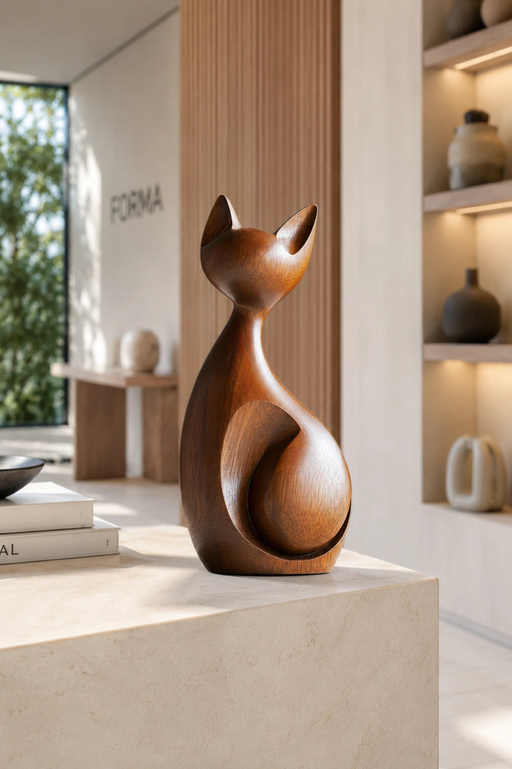 Minimalist Wooden Cat Sculpture | Modern Abstract Feline Figurine