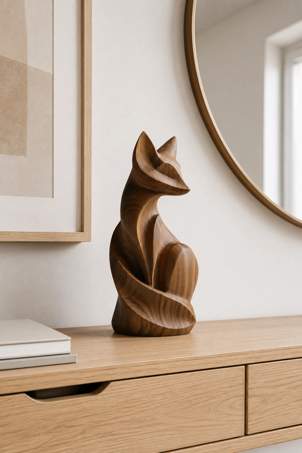 Modern Carved Wooden Fox Statue | Rustic Woodland Home Decor