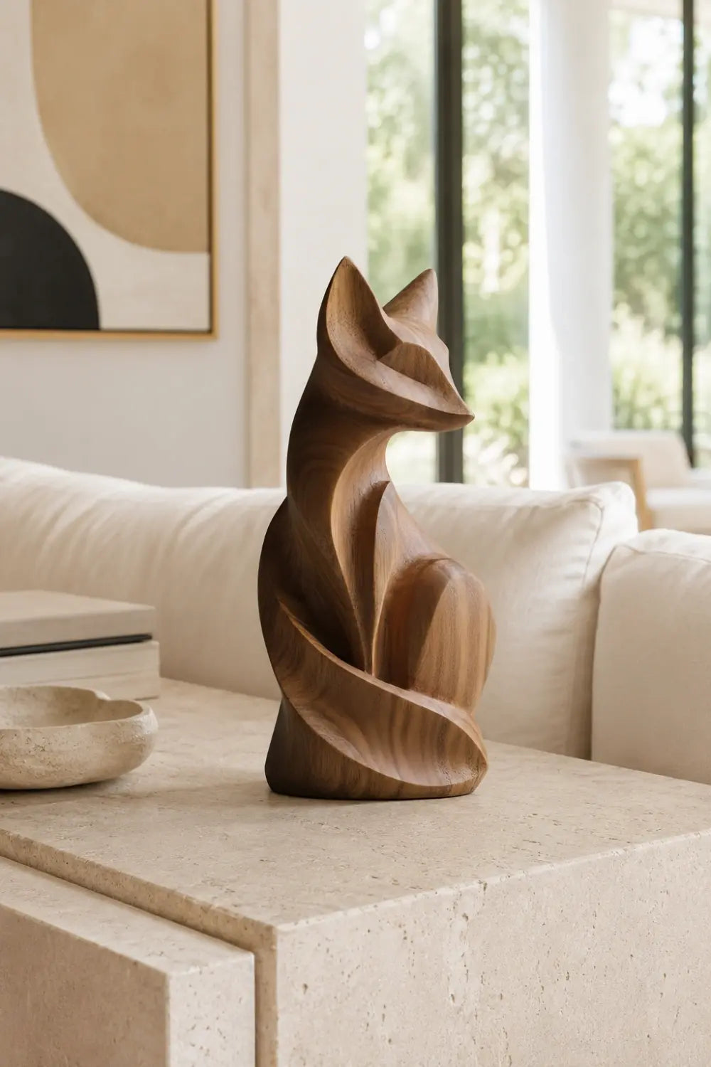 Modern Carved Wooden Fox Statue | Rustic Woodland Home Decor