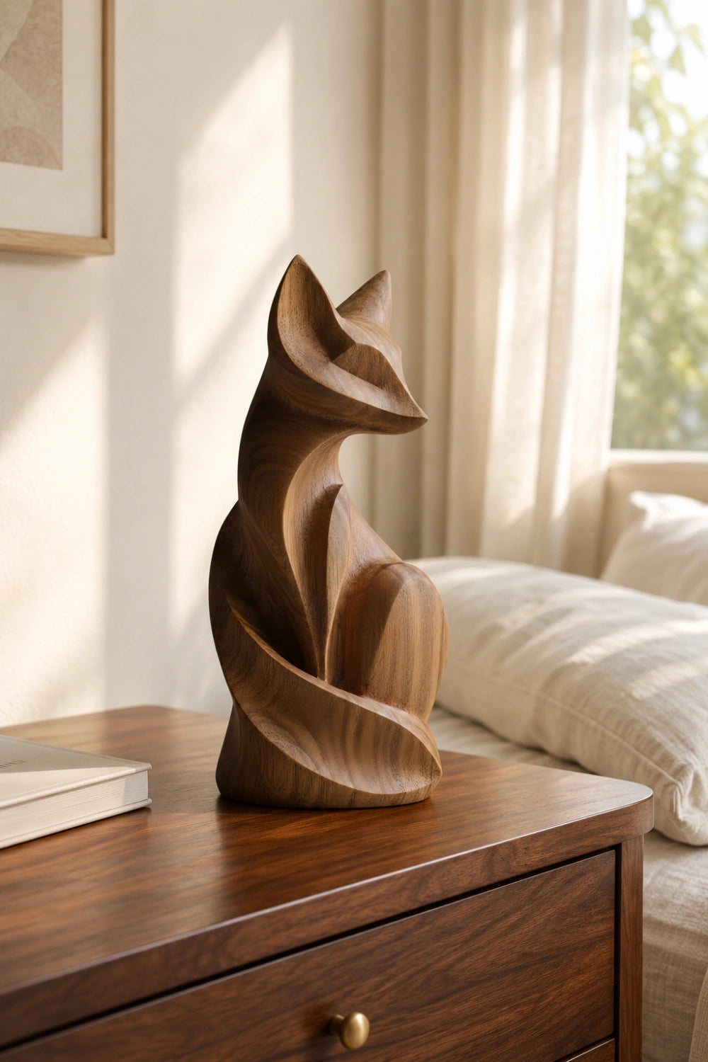 Modern Carved Wooden Fox Statue | Rustic Woodland Home Decor