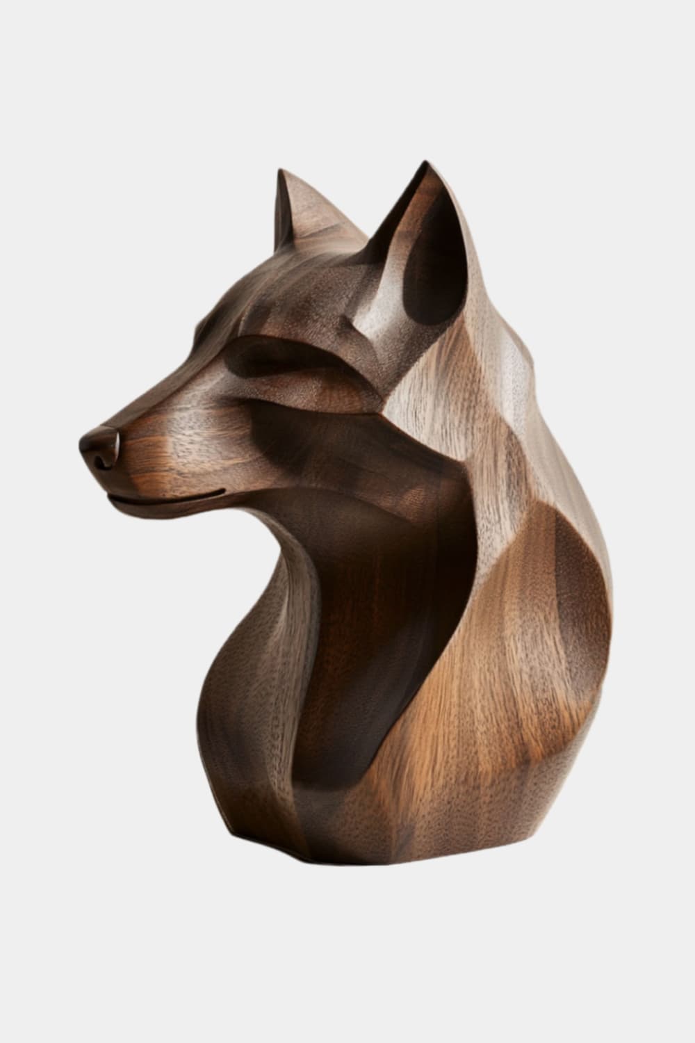 Geometric Wooden Wolf Head Bust | Carved Wildlife Office Decor