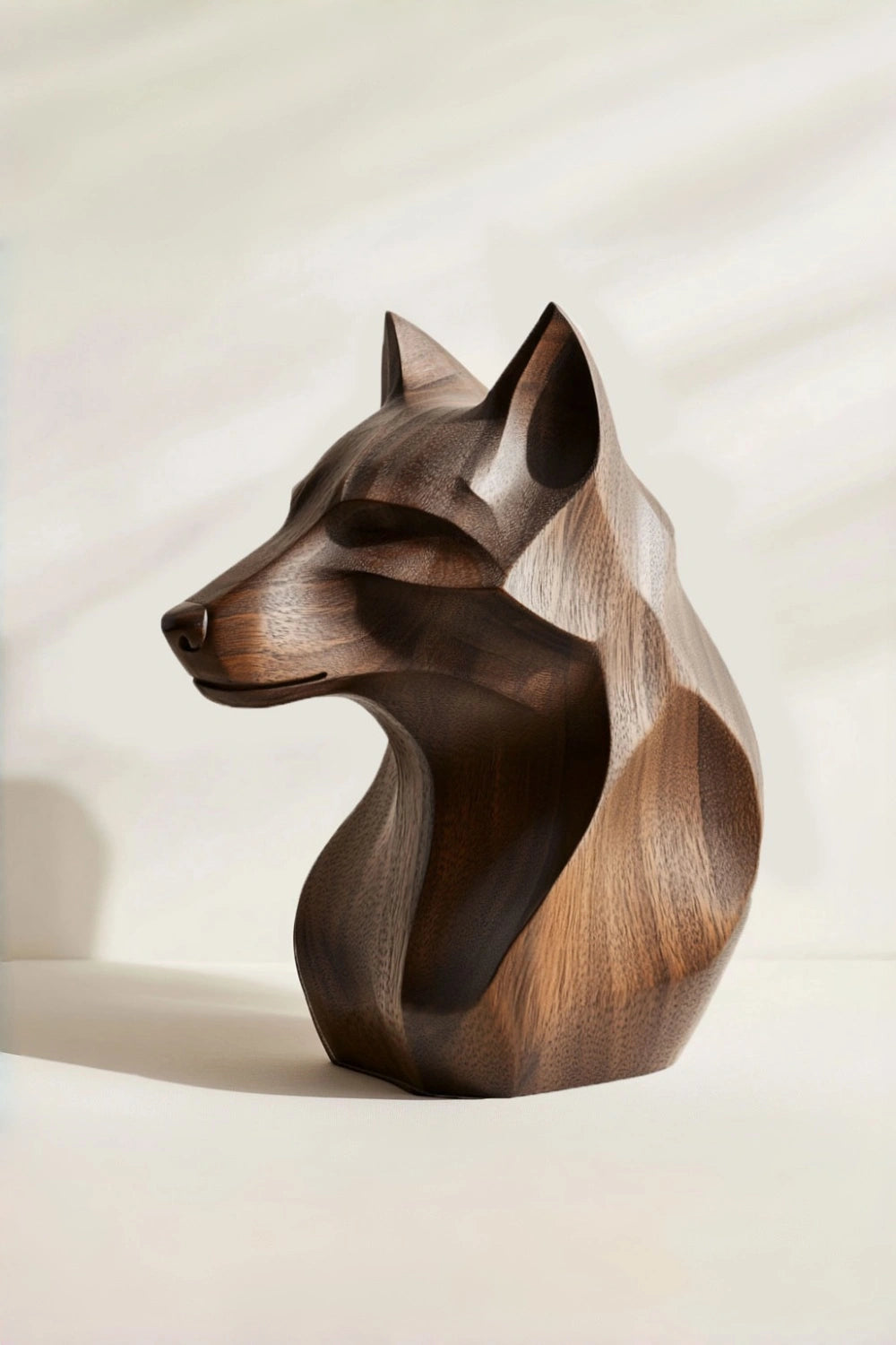 Geometric Wooden Wolf Head Bust | Carved Wildlife Office Decor