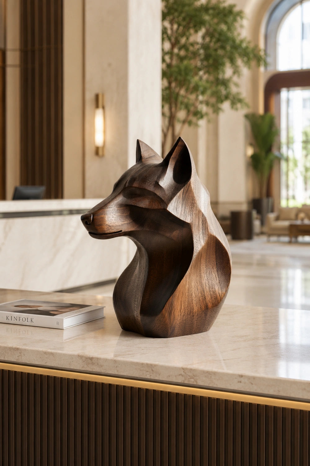 Geometric Wooden Wolf Head Bust | Carved Wildlife Office Decor