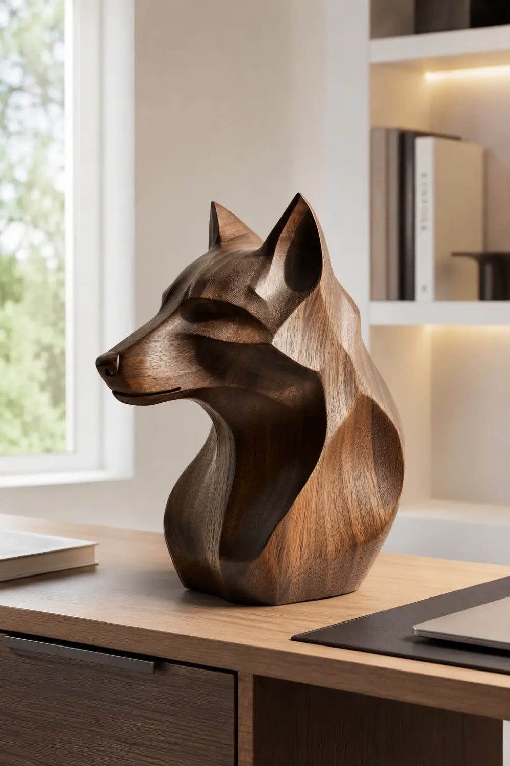 Geometric Wooden Wolf Head Bust | Carved Wildlife Office Decor