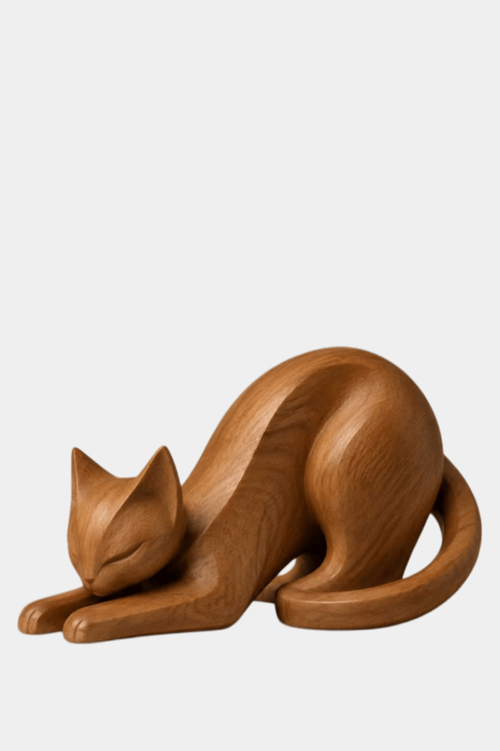 Stretching Wooden Cat Sculpture | Carved Feline Figurine Decor