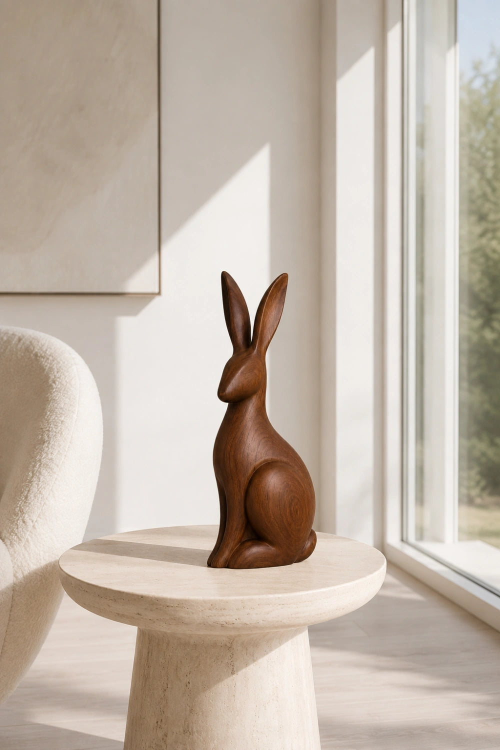 Upright Wooden Hare Statue | Carved Rabbit Figurine Decor