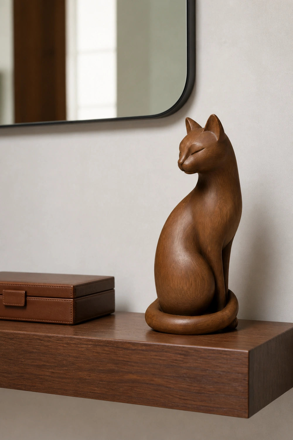 Graceful Wooden Cat Statue | Mid-Century Carved Feline Decor