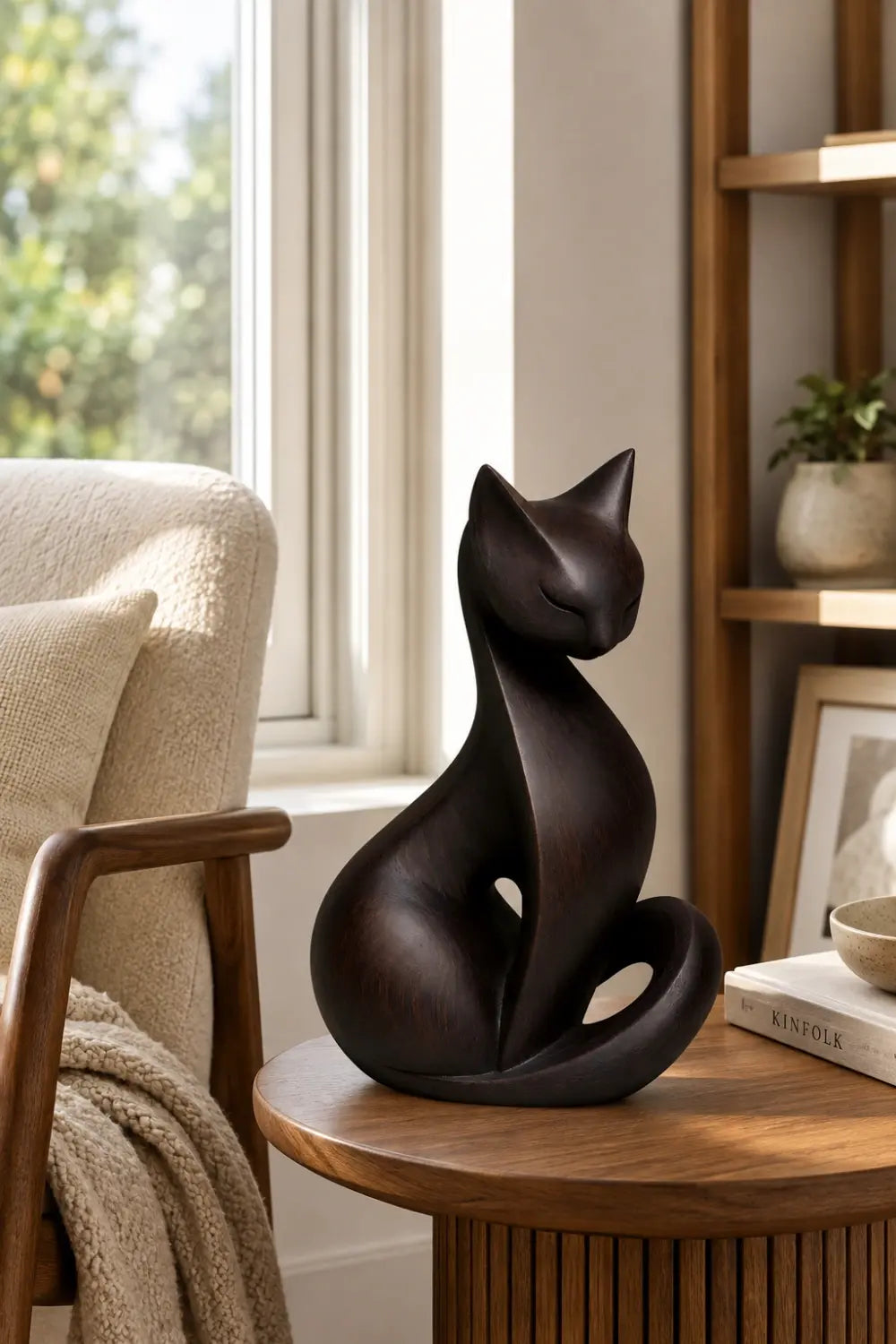 Dark Wood Cat Sculpture | Sleek Ebony Feline Figurine