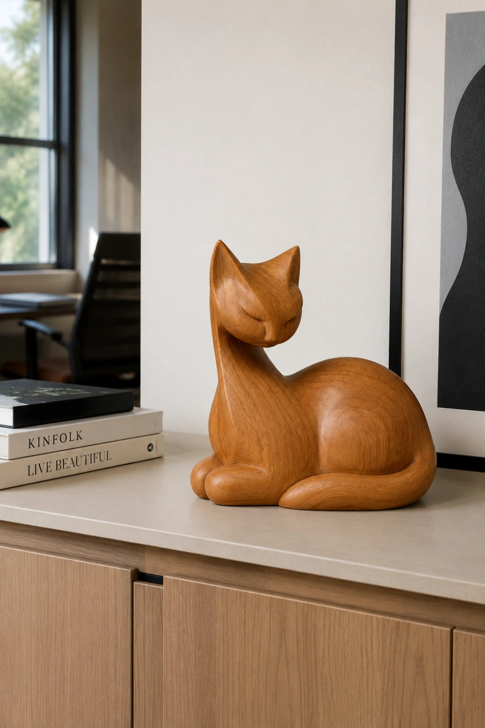 Natural Wood Cat Figurine | Resting Feline Statue Decor