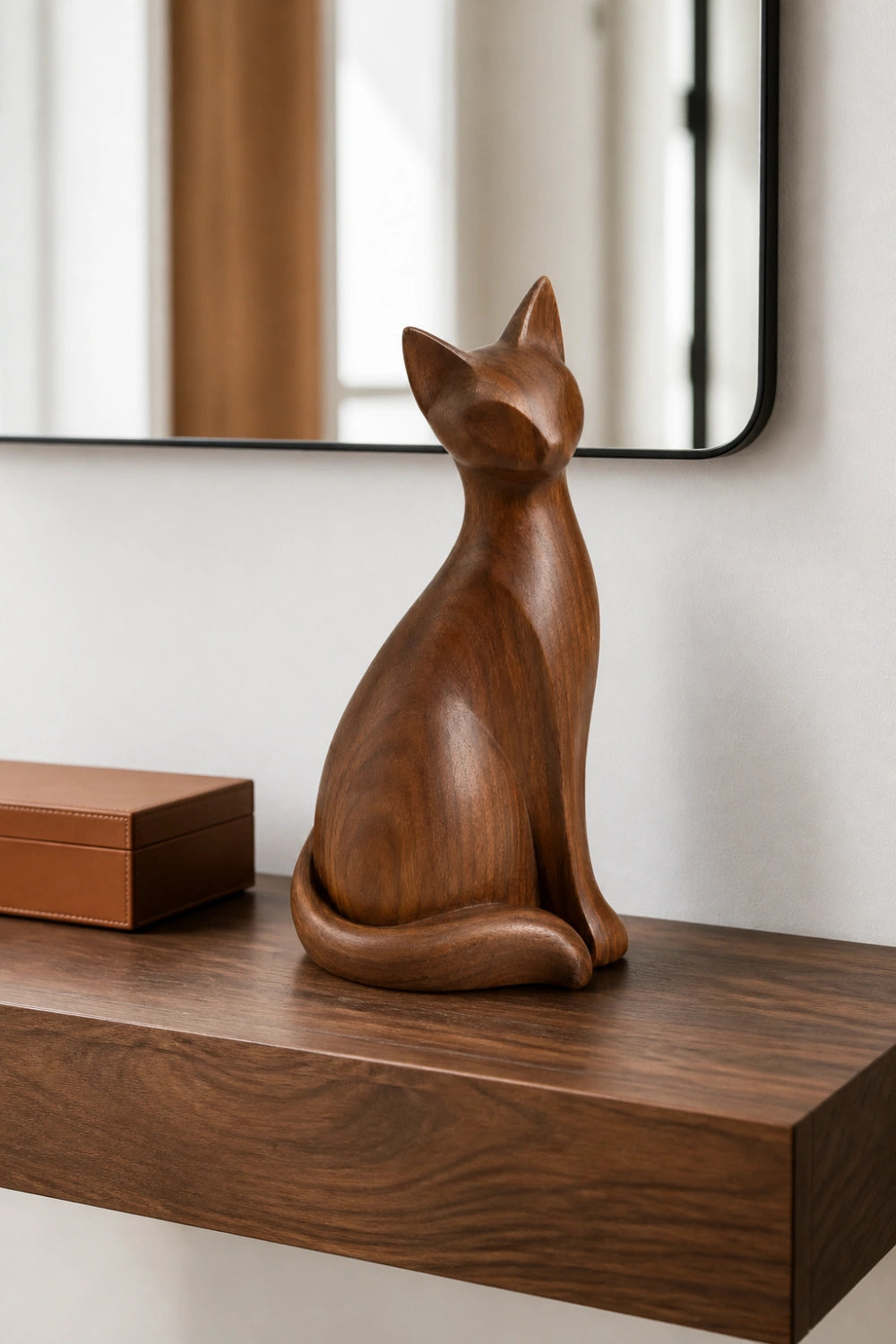 Seated Wooden Cat Sculpture | Minimalist Feline Statue