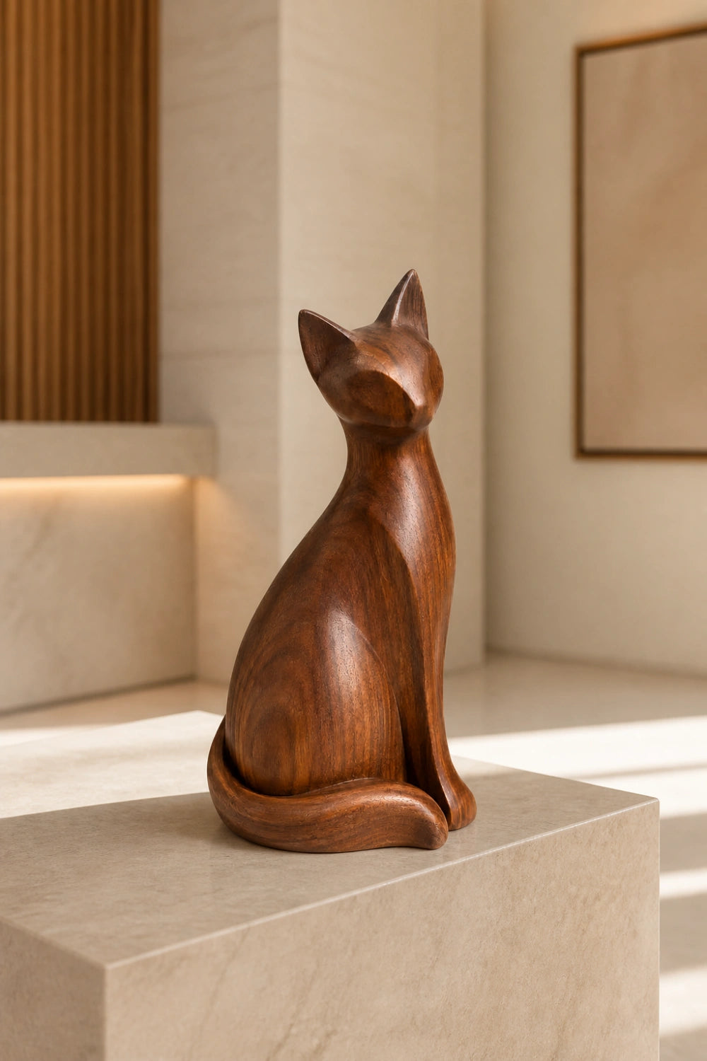 Seated Wooden Cat Sculpture | Minimalist Feline Statue
