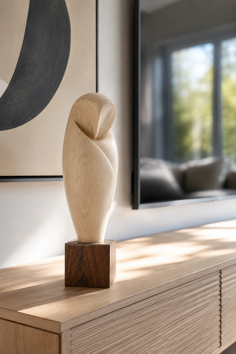 Minimalist Wooden Owl Statue | Carved Barn Owl Figurine
