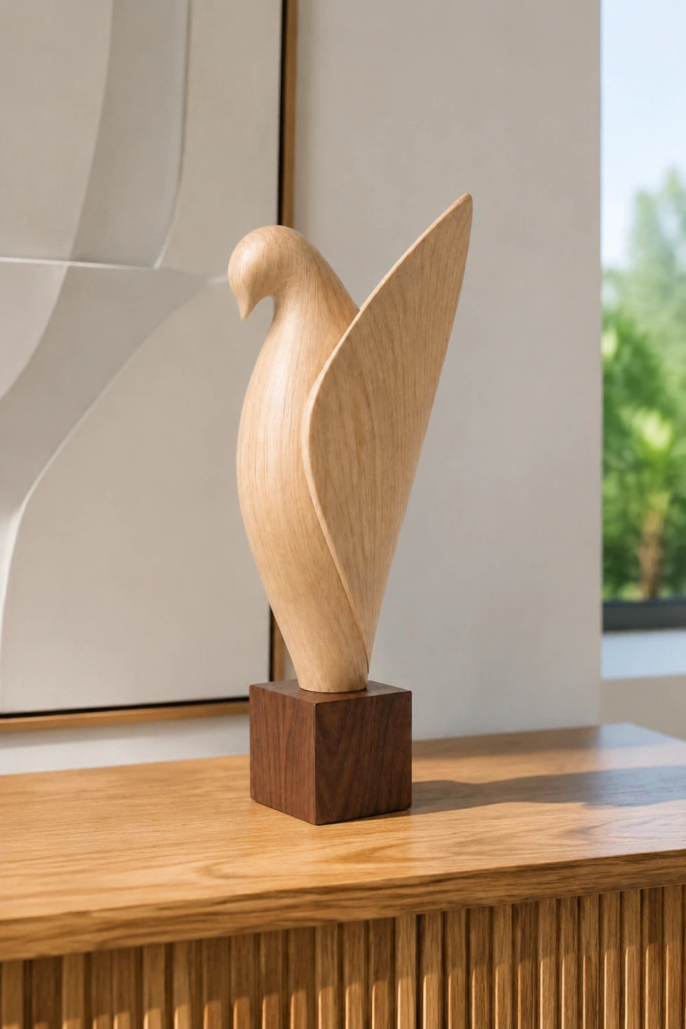 Wooden Bird Sculpture | Modern Uplifted Wing Statue