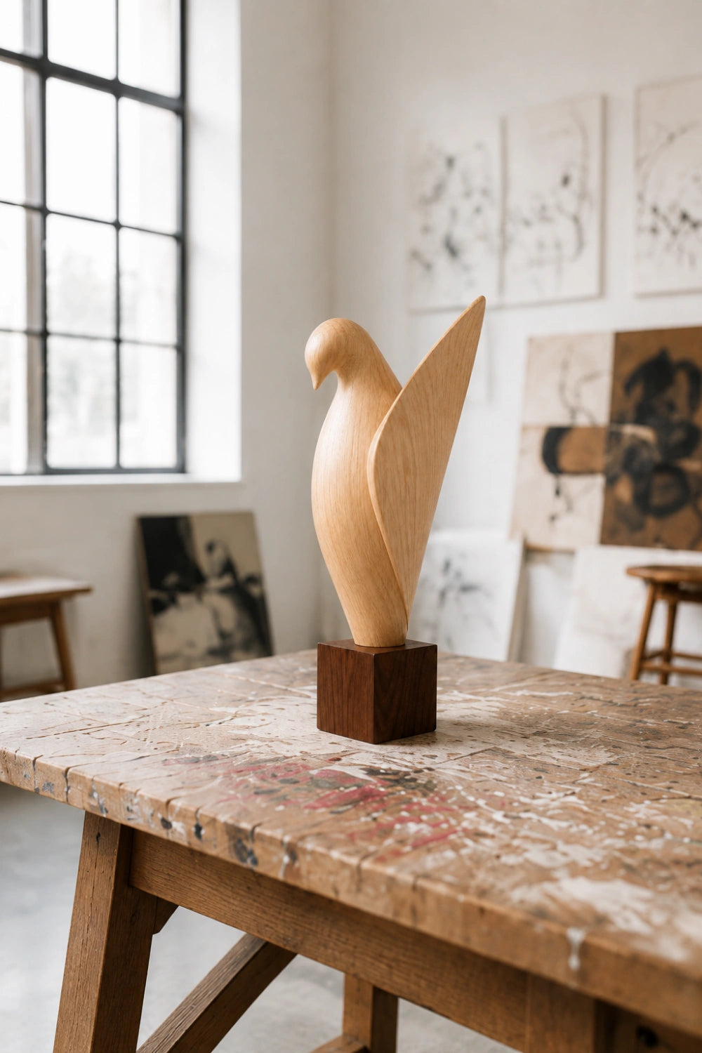 Wooden Bird Sculpture | Modern Uplifted Wing Statue