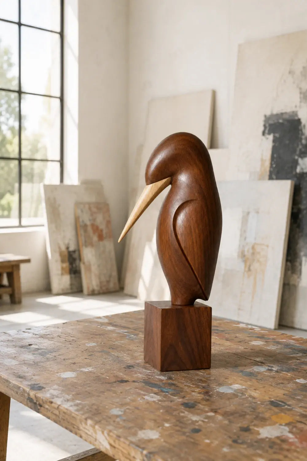 Carved Wood Bird Statue | Mid Century Shorebird Decor | Minimalist Art Gift