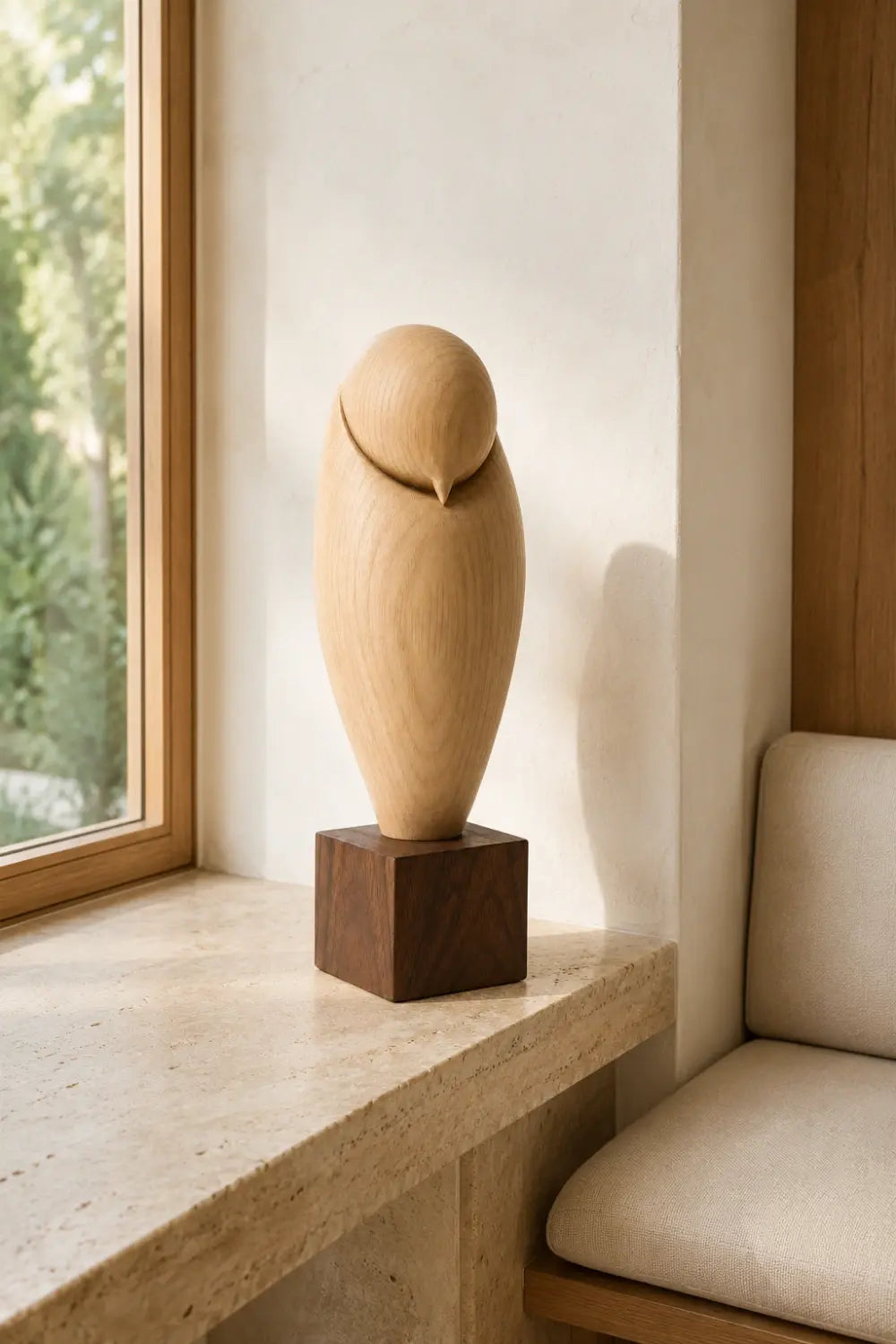 Minimalist Wood Owl Sculpture | Zen Sleeping Bird Statue | Scandinavian Art Gift