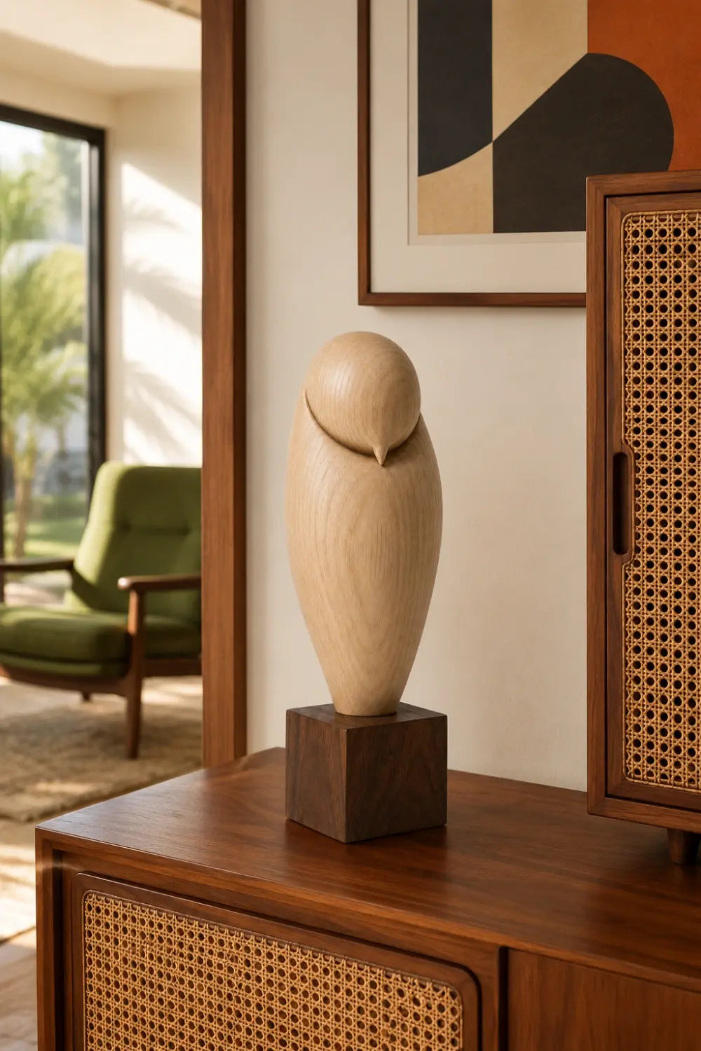 Minimalist Wood Owl Sculpture | Zen Sleeping Bird Statue | Scandinavian Art Gift