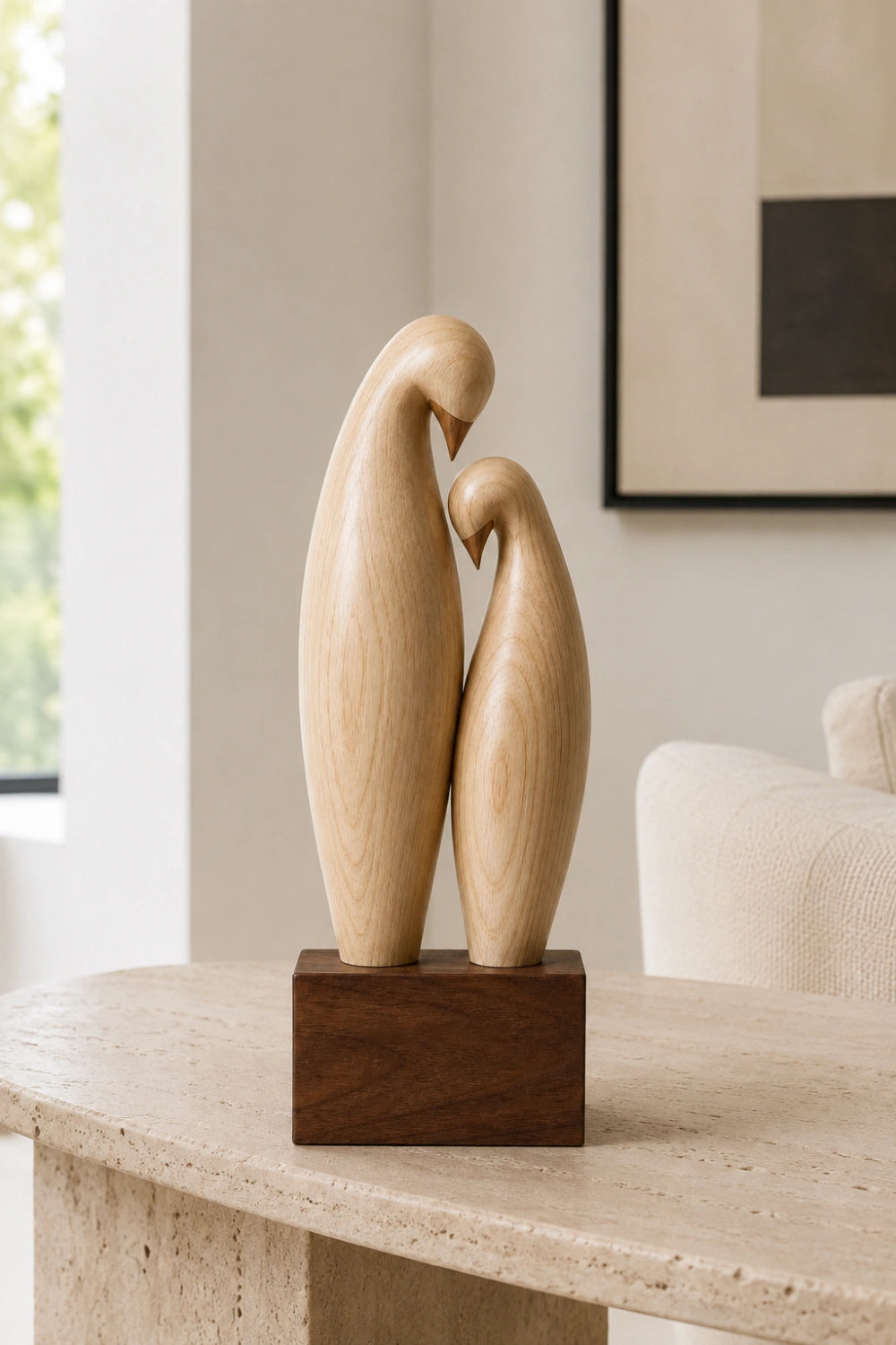 Carved Wood Lovebird Sculpture | Minimalist Pair Statue | Wedding Art Gift