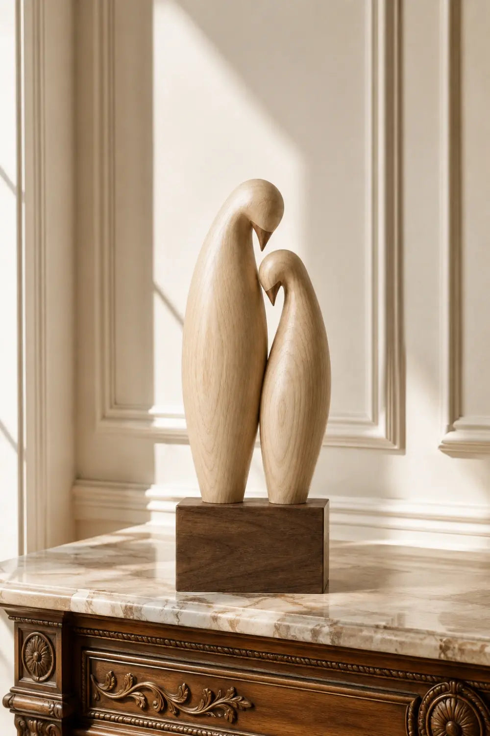 Carved Wood Lovebird Sculpture | Minimalist Pair Statue | Wedding Art Gift