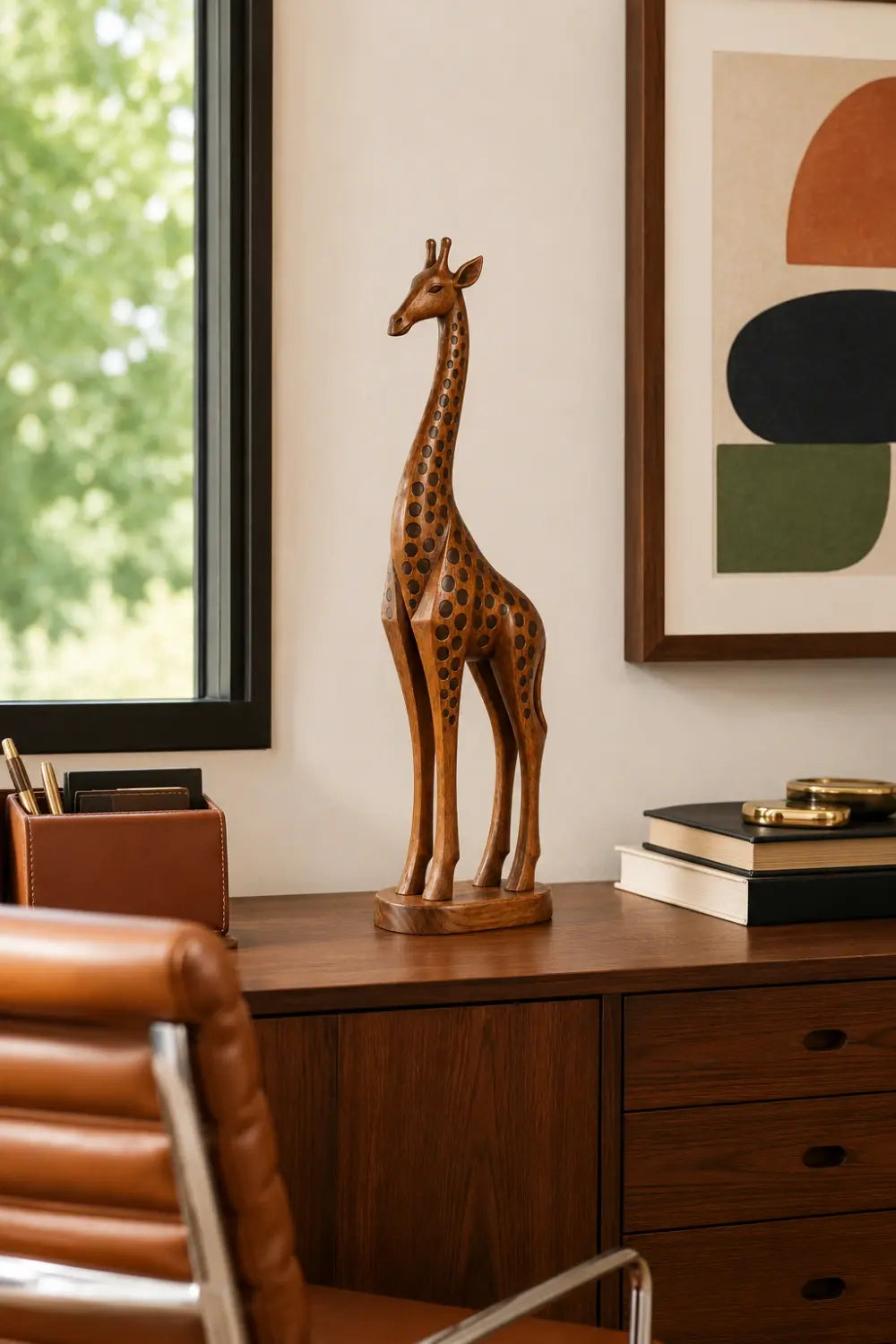 Handcarved Wooden Giraffe Statue | Mid Century Animal Decor