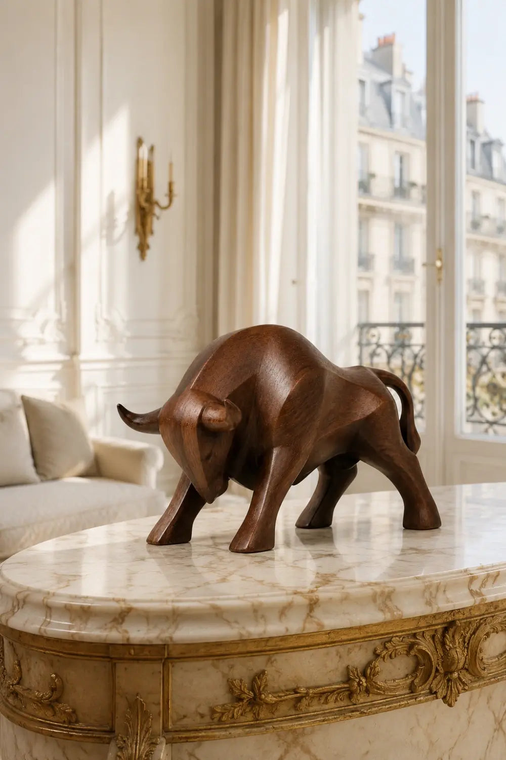 Carved Wood Bull Sculpture | Charging Wall Street Statue | Executive Desk Gift