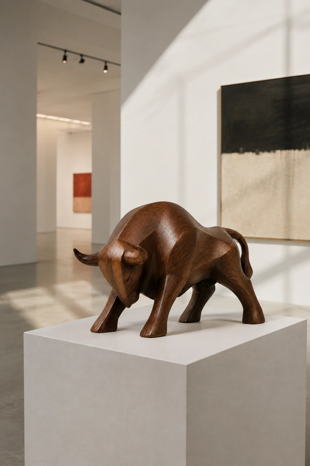 Carved Wood Bull Sculpture | Charging Wall Street Statue | Executive Desk Gift