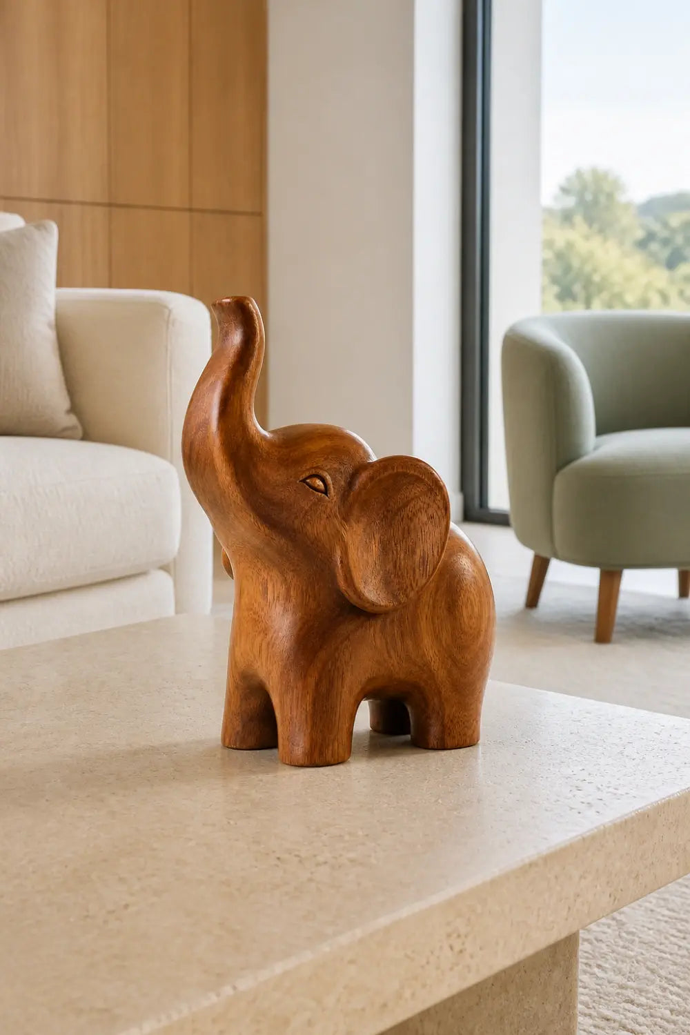 Abstract Wooden Elephant Sculpture| Lucky Trunk Up Carved Decor