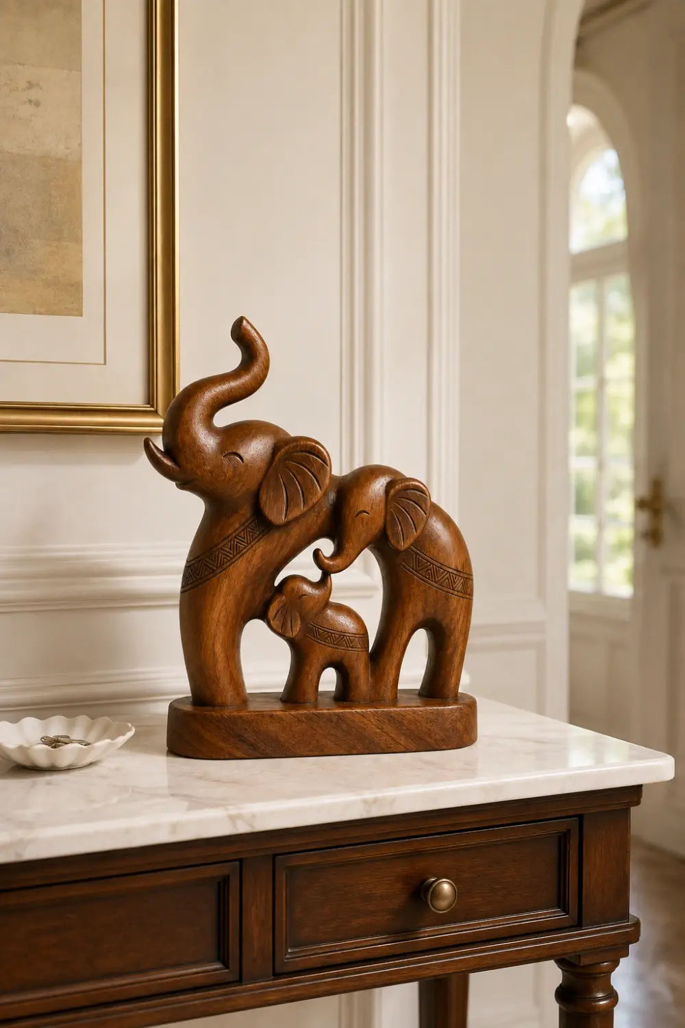 Handcrafted Wood Elephant Trio Sculpture | Lucky Family Statue Art