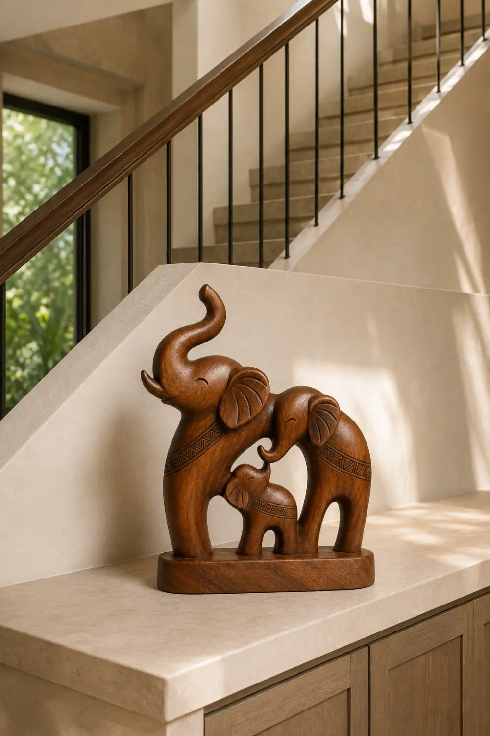 Handcrafted Wood Elephant Trio Sculpture | Lucky Family Statue Art